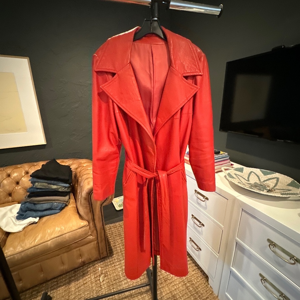 Vintage red leather long trench coat